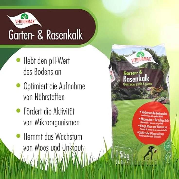 Höfer Chemie 15 kg Garten- und Rasenkalk, Effektive Moos- & Unkrautkontrolle, sattgrünes Ergebnis – Bild 2