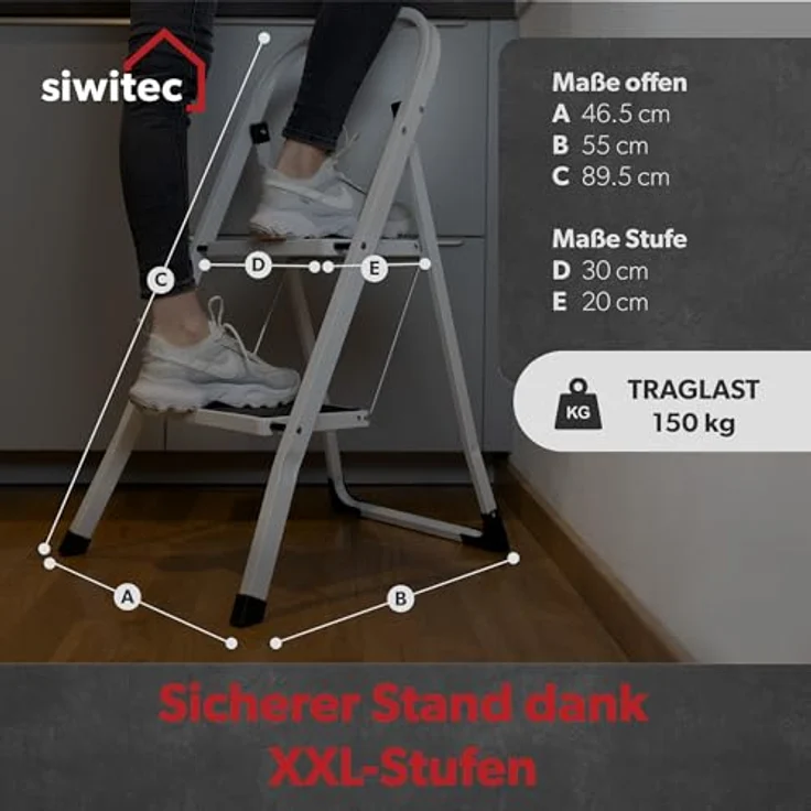 siwitec Klapptritt aus Stahl mit 2 Stufen, anthrazit, kleine Leiter mit Anti-Rutschmatten, 150 kg Traglast, TÜV/GS Zertifiziert,Klappleiter, Tritthocker – Bild 2