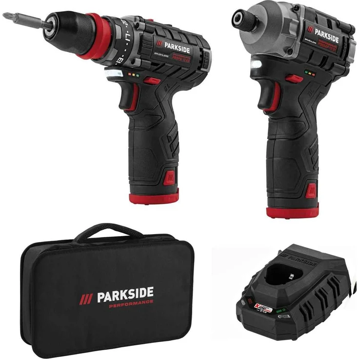 PARKSIDE PERFORMANCE 12V Akku-Bohrschrauber PBSPA und Schlagschrauber PDSSAP, 2x 2 Ah Akkus, bürstenloser Motor, 35 Nm Drehmoment, 10-tlg. Bosch Bitset und Ladegerät