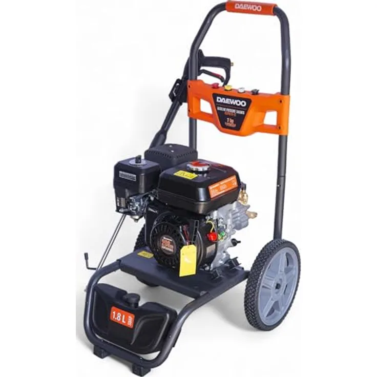 DeTec DAEWOO Benzin Hochdruckreiniger 207 bar, 7 PS mit Messing Pumpenkopf, 12 m Hochdruckschlauch, 4 Schnellwechseldüsen, ideal für Steinreinigung