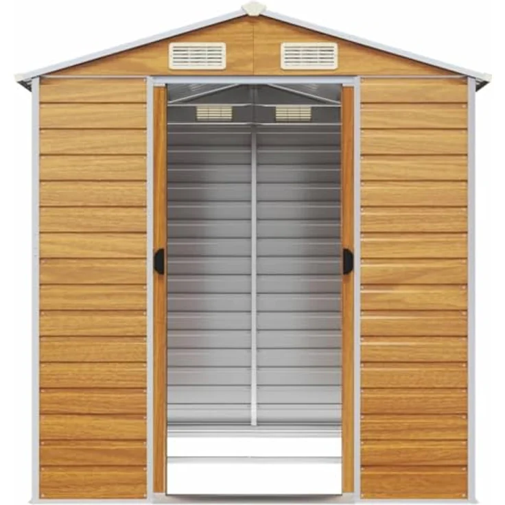 vidaXL Gerätehaus, Gartenhaus mit Schrägdach Griffe, Gartenschuppen Schuppen mit Stauraum, Geräteschuppen Metallschuppen, Hellbraun 191x215x198 cm Verzinkter Stahl – Bild 5