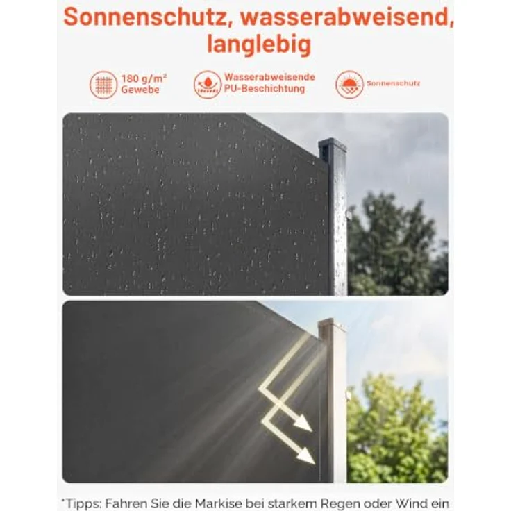 VEVOR Ausziehbare Seitenmarkise 185x420 cm, Polyestergewebe 180 g/m², Wandmarkise mit Sonnenschutz, Sichtschutz und Windschutz, grau – Bild 2