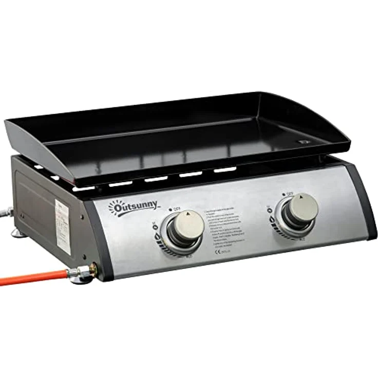 Outsunny Tischgrill Gasgrill BBQ mit 2 Brennern, Tischgasgrill mit Schlauch, Antihaft-Grillplatte, Campinggrill für Picknick, Garten, Edelstahl+Metall, Silber, 48,5 x 46 x 21 cm – Bild 1