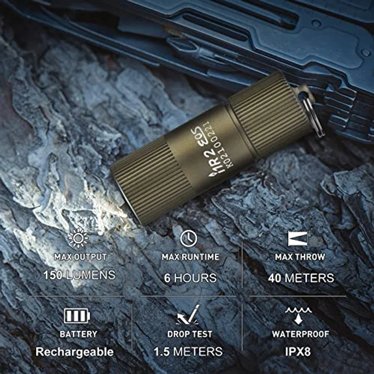 OLIGHT I1R II Mini LED Taschenlampe, Schlüsselanhänger mit 150 Lumen, wasserdicht IPX8, wiederaufladbar, Desert Tan – Bild 5