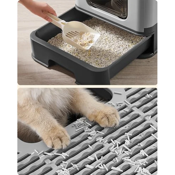 Feandrea Katzenklo, Katzentoilette, mit Deckel, ausziehbares Tablett, Schaufel, Bürste, geräumig für Katzen bis 15 kg, weniger Spuren, auslaufsicherer Boden, anthrazitgrau-Taubengrau PPT001B01 – Bild 4