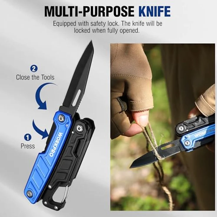 WORKPRO Multifunktionszange 11-in-1 Faltbar Multitool Edelstahl mit Karabiner, Spitzzange, Kabelschneider, Flaschenöffner, Schraubendreher für Outdoor, blau mit Tragtasche – Bild 4
