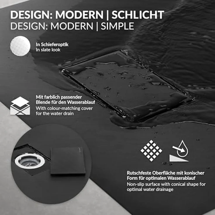 LuxeBath Duschwanne 90x90 cm Schwarz mit rutschfester Oberfläche und flacher Ablaufgarnitur aus SMC, H:3 cm – Bild 3