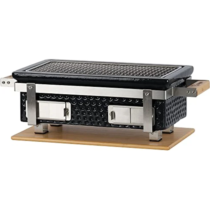 BBQ-Toro Keramik Tischgrill mit Holzunterlage | 50 x 23 x 17 cm | Hibachi Tischgrill ohne Strom | Schwarz | Minigrill, Tischgrill Holzkohle, Kohlegrill Camping Grill Holzkohle, Mini Grill Holzkohle – Bild 1