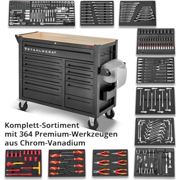 STAHLWERK Werkzeugwagen DINO, XXL Montagewagen mit 364 Werkzeugen aus CrV, inkl. T-Griff Schraubendreher, Schlüssel und Zangen – Bild 3