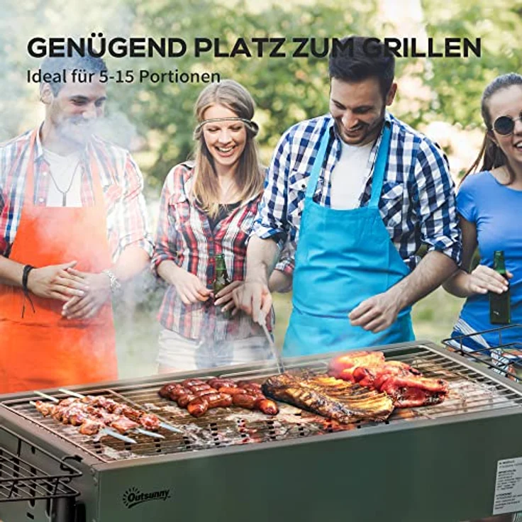 Outsunny Holzkohlegrill, Anti-Rutsches Campinggrill mit Grillrost, Grillrost-Clip, Seitenkörbe für Garten, BBQ Rostfreier Stahl+Verzinkter Metall Dunkelgrün 77 x 30 x 70 cm – Bild 5
