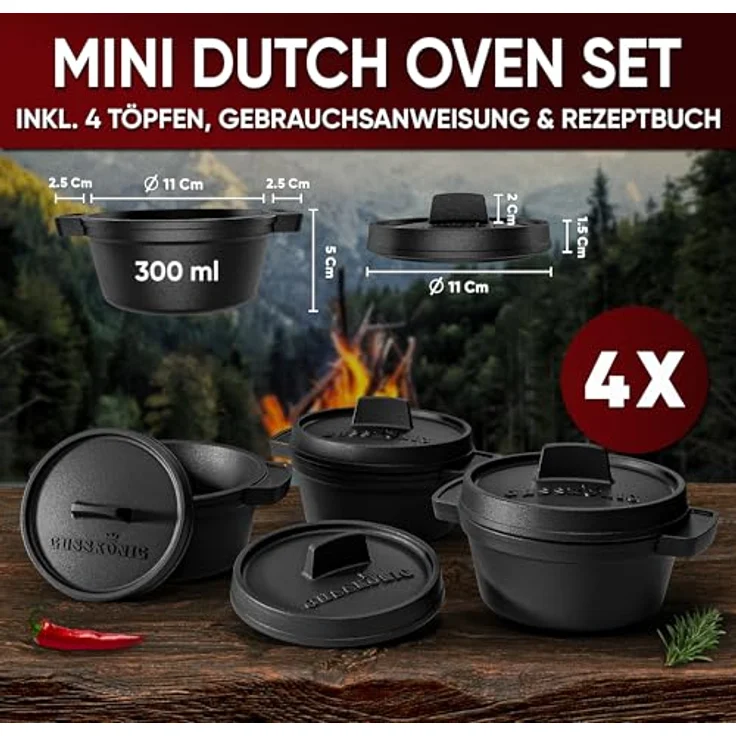 GUSSKÖNIG Dutch Oven Set Mini - 4x 300ml Gusseisen Mini Topf mit Deckel, bereits eingebrannt, vielseitig einsetzbar, ideal für Vorspeisen und Desserts – Bild 2