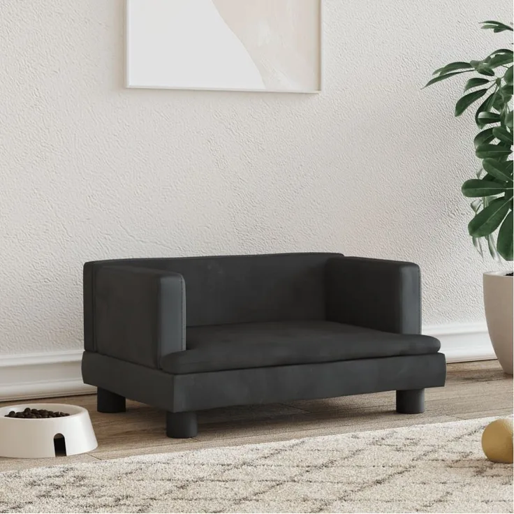 vidaXL Hundematratze - Samt (100 % Polyester), massives Kiefernholz, geeignet für kleine Hunde, 60 x 40 x 30 cm, schwarz