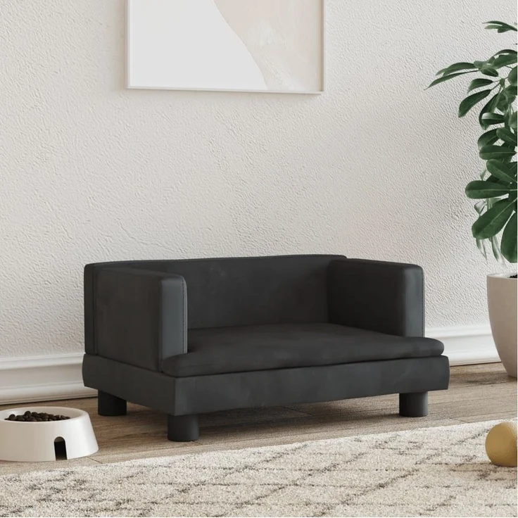 vidaXL Hundematratze - Samt (100 % Polyester), massives Kiefernholz, geeignet für kleine Hunde, 60 x 40 x 30 cm, schwarz – Bild 1
