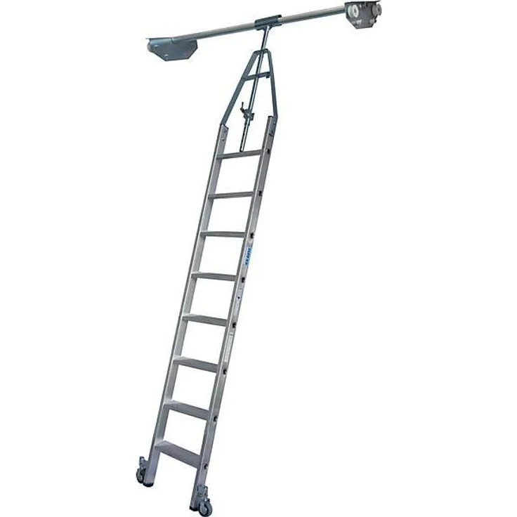 Kaiserkraft Stufen-Regalleiter mit Kopffahrwerk, 220 cm, 8 Stufen, hohe Stabilität, selbstarretierende Bremsrollen