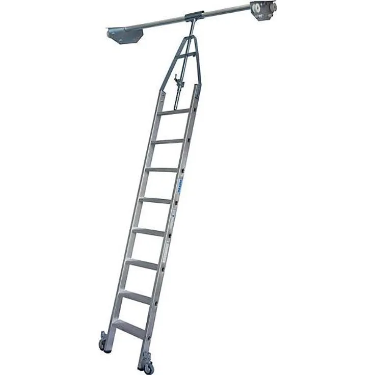 Kaiserkraft Stufen-Regalleiter mit Kopffahrwerk, 220 cm, 8 Stufen, hohe Stabilität, selbstarretierende Bremsrollen