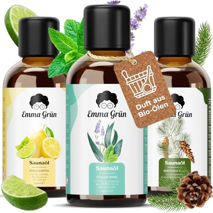 Emma Grün® Bio Saunaaufguss Set 3x 100ml - Ätherische Öle mit Bio Zitrusölen, Eukalyptus & Zirbenöl, Hochdosiert für 10-20 Saunagänge
