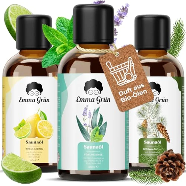 Emma Grün® Bio Saunaaufguss Set 3x 100ml - Ätherische Öle mit Bio Zitrusölen, Eukalyptus & Zirbenöl, Hochdosiert für 10-20 Saunagänge – Bild 1