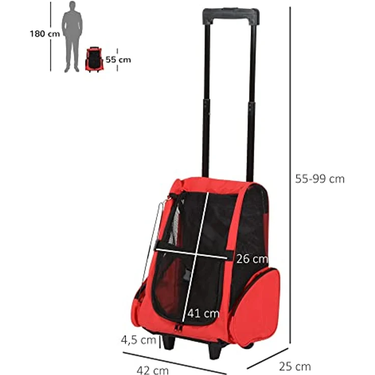 Pawhut Hundetrolley Transporttasche Tragetasche für Tiere 2in1 Rucksack und Trolley 35x27x49 cm rot – Bild 3