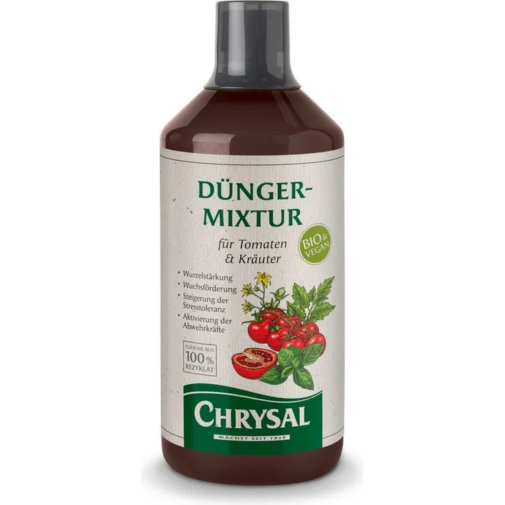 Chrysal Tomatendünger, Vegane Bio-Dünger-Mixtur für Tomaten & Kräuter, 1000 ml mit Wurzelstärkung und natürlichem Pflanzenschutz