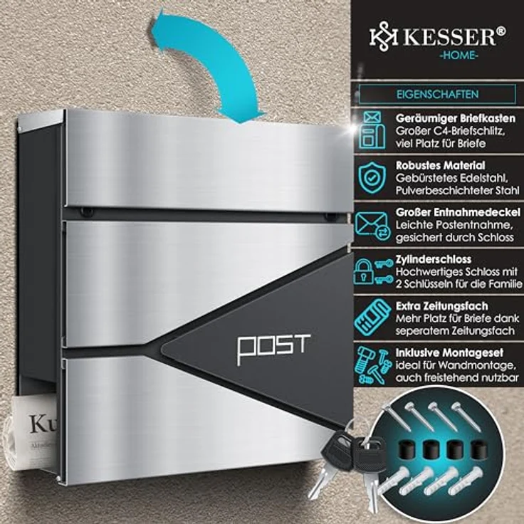 KESSER® Briefkasten mit Zeitungsfach Wandmontage Wandbriefkasten Edelstahl, 2x Schlüssel abschließbar, Moderner Postkasten Zeitungsrolle, inkl. Montagematerial, Softclose-Deckel, Anthrazit Silber – Bild 2
