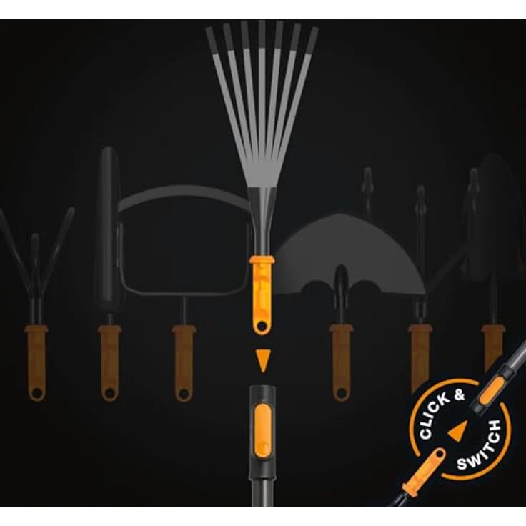 Fiskars OneClick Klein-Fächerbesen, Schmaler Rechen-Aufsatz mit mühelosem OneClick-Wechsel, pflanzenschonend, Breite: 12 cm, Schwarz/Orange, 1080682 – Bild 4