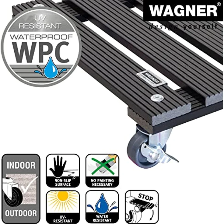 WAGNER Pflanzenroller WPC 29x29 cm I Pflanzenroller & Blumenroller für Außenbereich + Innenbereich, anthrazit I Kübelroller Wood Plastic Composite mit 2 Feststellern I Tragkraft 80kg ? 20052001 – Bild 5