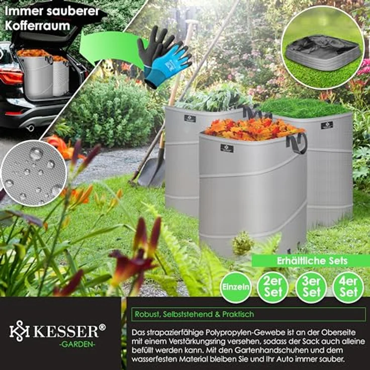 KESSER® Pop-Up-Gartensack 3x 175L Set, faltbare Laubsäcke mit stabilen Griffen, wasser- und schimmelresistent, inkl. Handschuhe для Gartenabfälle und Grünschnitt – Bild 4