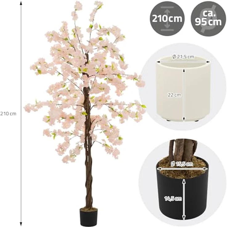 ML-Design Künstlicher Kirschblütenbaum 210 cm Rosa, mit stabiler Naturholzstamm und inkludiertem Topf – Bild 6