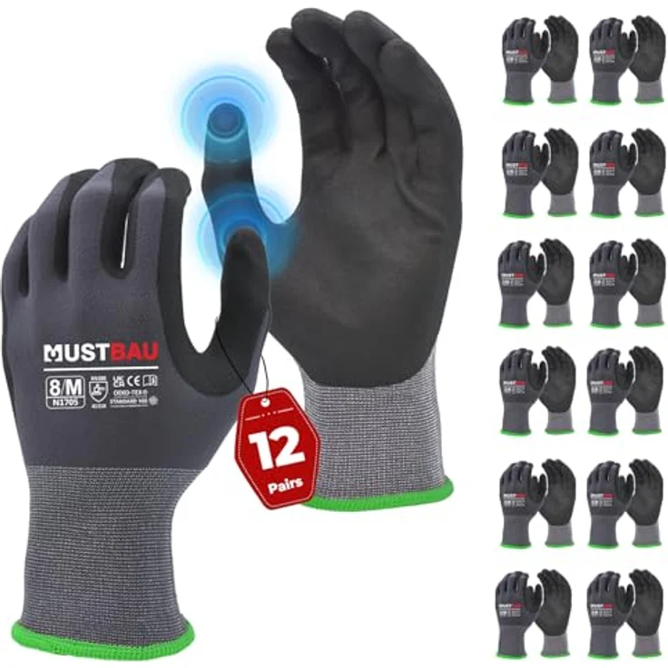 Mustbau Arbeitshandschuhe 12/6/3 Pack, rutschfeste Touchscreen Garten- und Montagehandschuhe, EN388 zertifiziert, wasserdicht, ölbeständig – Bild 1
