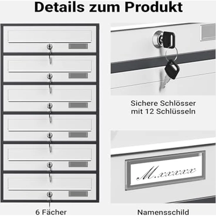 6er Briefkastenanlage mit Standfuß, pulverbeschichtet in Anthrazit-Weiß, 2 Schlüssel je Postfach – Bild 8