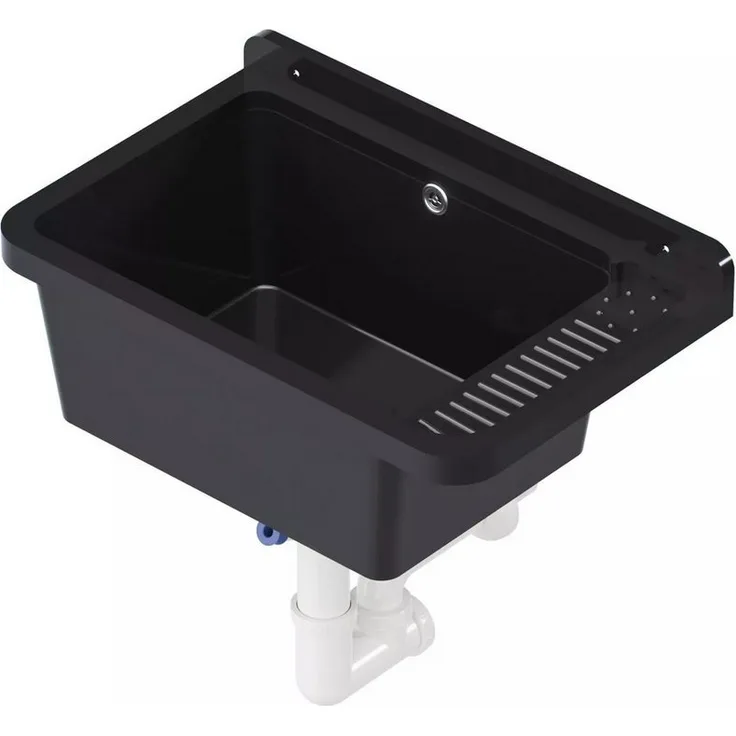QLS Küchenspüle Gradia, Kunststoff-Spülbecken, mit Siphon, 50 x 34 cm, für draußen Garten Werkstatt, Polypropylen, grau