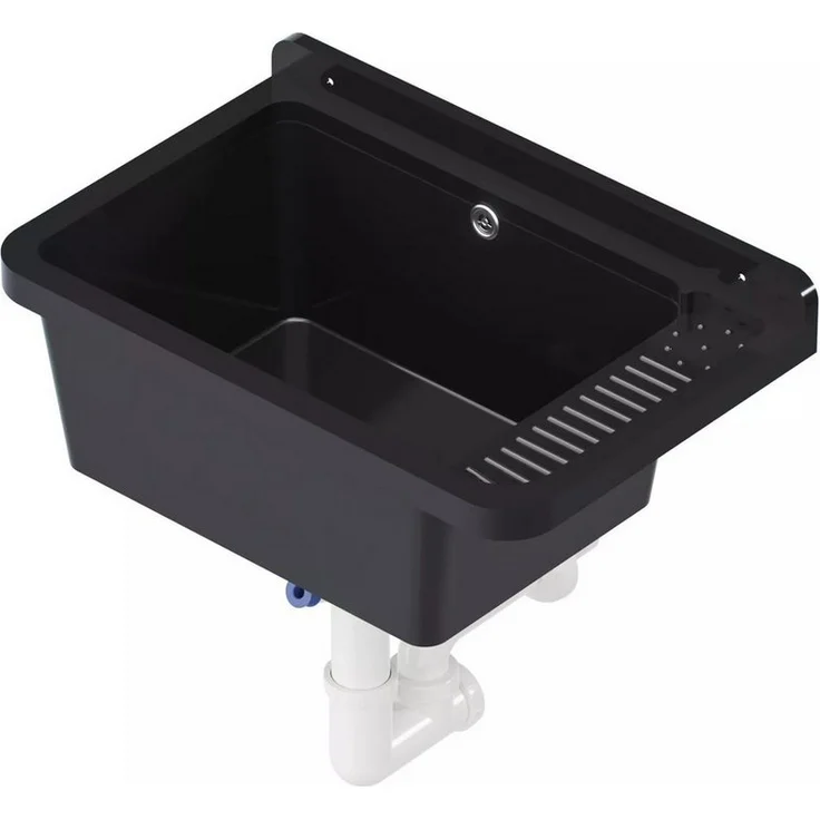 QLS Küchenspüle Gradia, Kunststoff-Spülbecken, mit Siphon, 50 x 34 cm, für draußen Garten Werkstatt, Polypropylen, grau – Bild 1