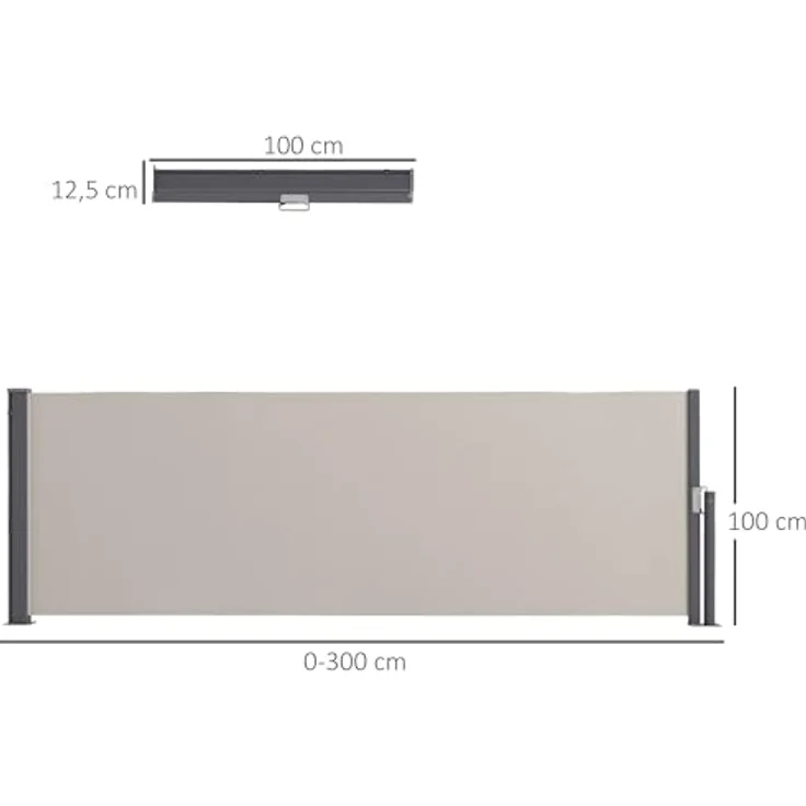 Outsunny Seitenmarkise Ausziehbar, 300 x 100cm Gartenmarkise, Sichtschutzwand mit UV-Schutz, Windschutz, Metall, für Terrasse, Balkon, Polyester, Hellgrau – Bild 5
