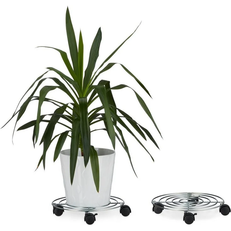 Relaxdays Blumentopfuntersetzer 2 x Pflanzenroller mit Bremse, Silber, belastbar bis 30 kg, zeitlos schlichtes Design – Bild 1