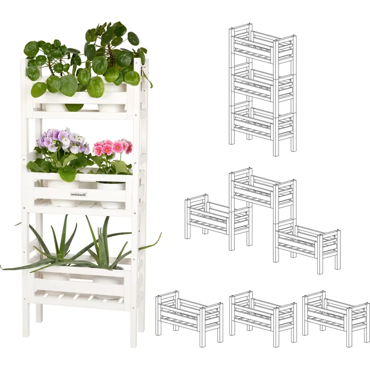 needs&wants® Blumenständer Pflanzenständer Blumentreppe Pflanzenregal Pflanztreppe, 3-fach stapelbar, Weiß holzfarben