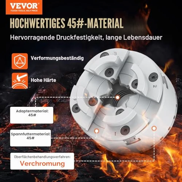 VEVOR KP2-3/4 Drehbankfutter 4-Backen φ70mm, Klemmbereich 30–47mm, Innengewinde 1x8 TPI, präzise Ausrichtungsgenauigkeit ≤0,3mm – Bild 2