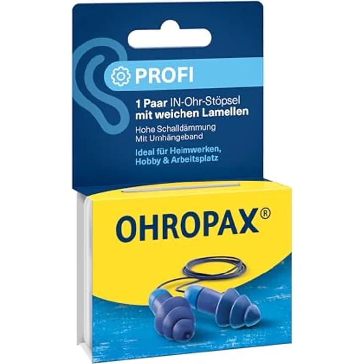 OHROPAX Profi Ohrstöpsel, Gehörschutz mit soften Lamellen, Schalldämmwert SNR 29 dB, wiederverwendbar mit Umhängeband, ideal für Heimwerken und Arbeitsplatz, 1 Paar