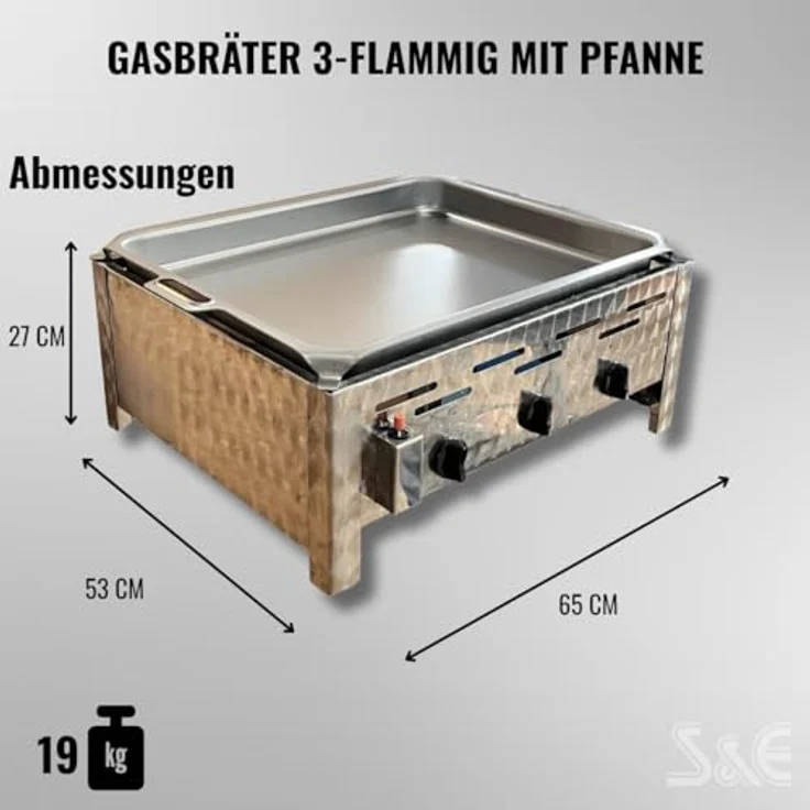 Bluecraft Edelstahl Gastrobräter 3-flammig mit Pfanne, 10,8 kW Leistung, inkl. Gasschlauch, Druckminderer & Gasflaschenschlüssel, Made in Germany – Bild 2