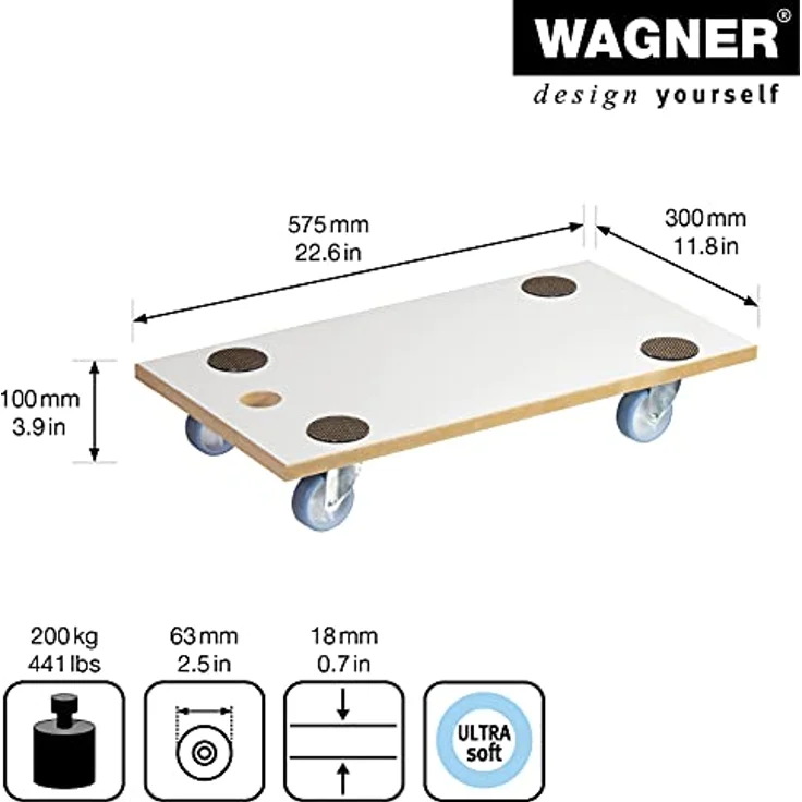 WAGNER Transporthilfe MM 1318 I 57,5 x 30 x 10 cm - Tragkraft 200 kg - Spezialbeschichtung für Sensible Böden - Anti-Rutsch-Pads - Beste Beweglichkeit - Verkehrsweiß – Bild 2