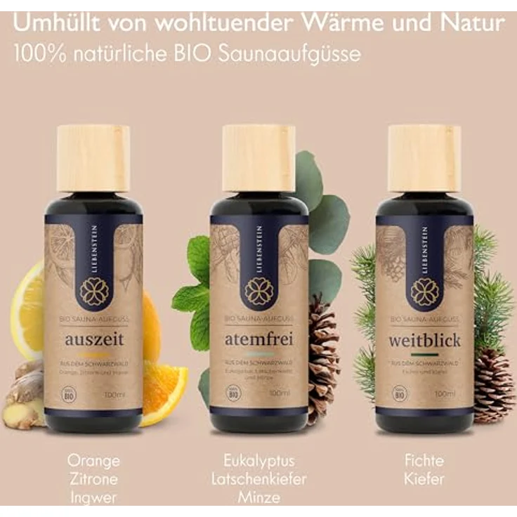 Liebenstein Sauna-Aufgussset 4-teilig, hochwertiges Sauna Zubehör Set mit Saunaeimer, Bio-Aufgüsse in Orange, Zitrone und Ingwer, Sanduhr & Hygrometer/Thermometer – Bild 4