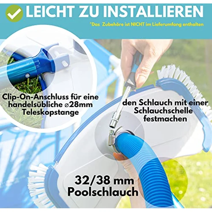 Amapool Pool-Bodensauger Deluxe mit acht unteren und zusätzlich Vier seitlichen Borsten I extra schwere Ausführung I Poolbürste mit Clip-On-Anschluss I Anschluss für Poolschlauch Ø 32/38 mm – Bild 3