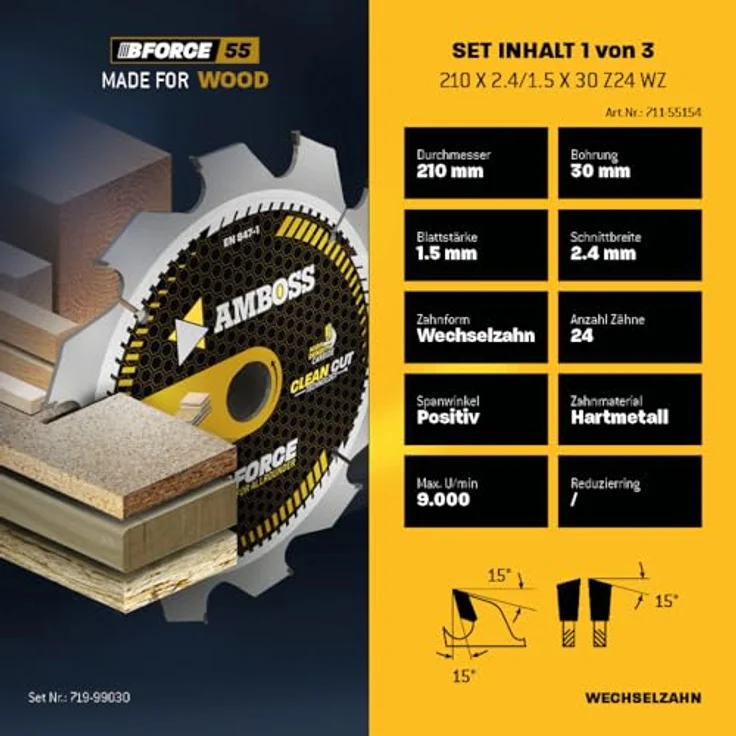 Amboss Werkzeuge Ø210 x 30 Hand- Kreissägeblatt Set für Makita 5008 MG, Festool TS75EBQ - 3er Sägeblatt Sortiment, geeignet für Holz, Metall und Kunststoffe – Bild 3