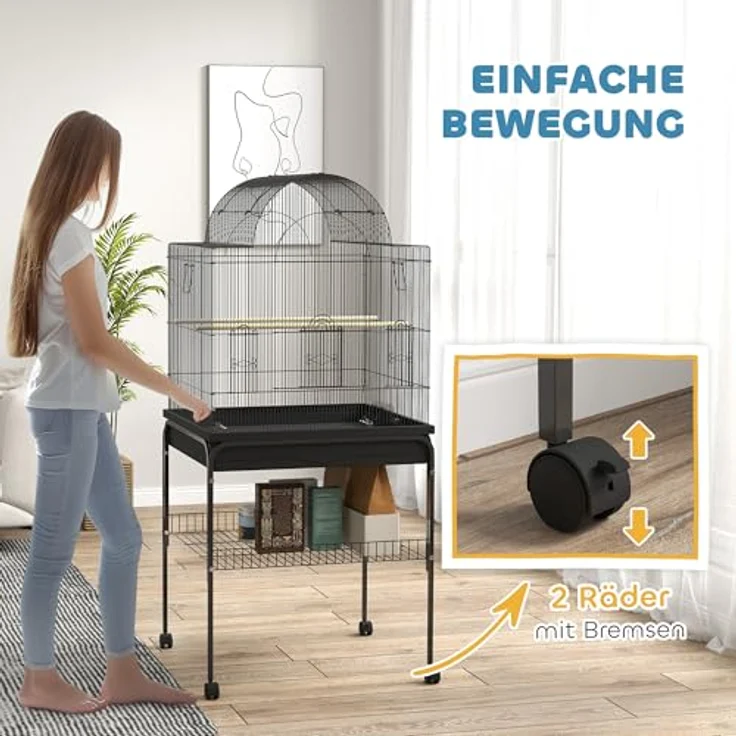 PawHut Vogelkäfig Wellensittichkäfig mit Tablett, Futterstation und Ablagefläche, Stahl Schwarz, 63 x 53 x 144 cm – Bild 4