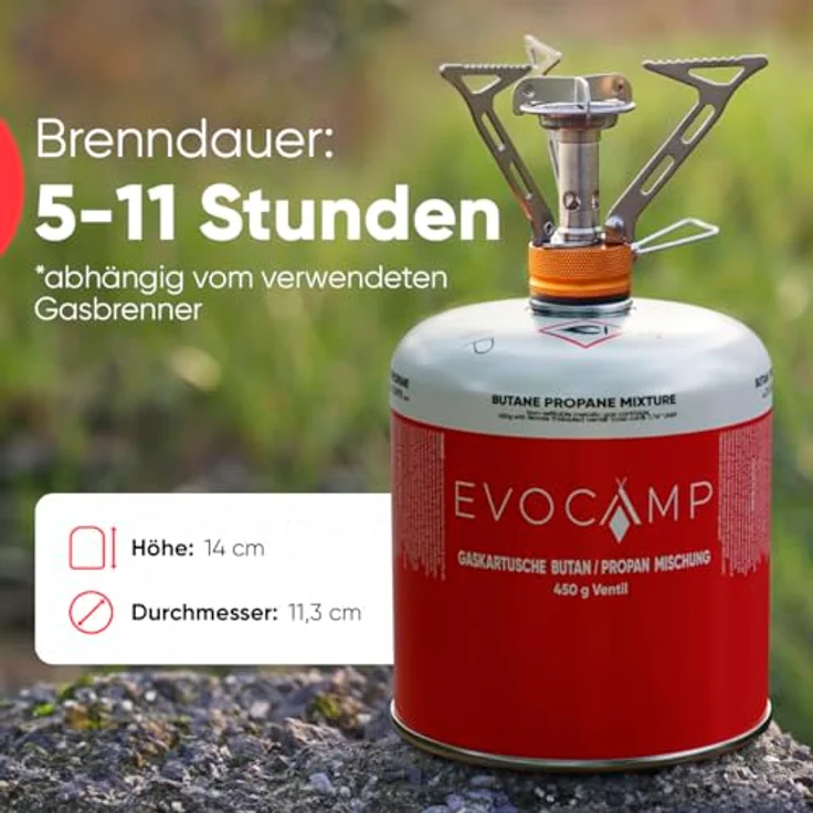EVOCAMP 8x Propan Butan Gaskartuschen 450g, Schraubkartusche mit Sicherheits-Verschlussautomatik, kompatibel mit Weber Q100/1000-Serien, Eurogewinde 7/16" – Bild 3