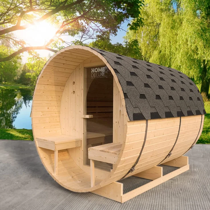 HOME DELUXE - Outdoor Fasssauna LAHTI DELUXE L - Maße: ca. 192 cm x 195 cm x 220 cm, Holz: Fichtenholz - inkl. Elektroofen und kompl. Saunazubehör I Gartensauna, Außensauna, Sauna für 4 Personen – Bild 8