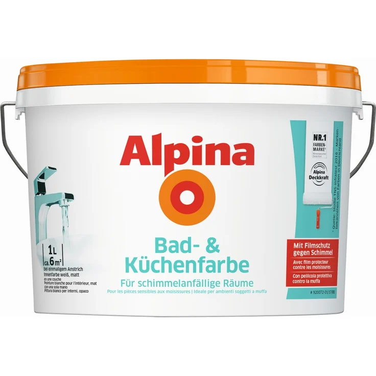 Alpina Bad- & Küchenfarbe 1 l Für schimmelfreie Wände in neutralem Weiß Spezial-Innenfarbe Wasserverdünnbar Gut deckend – Bild 1