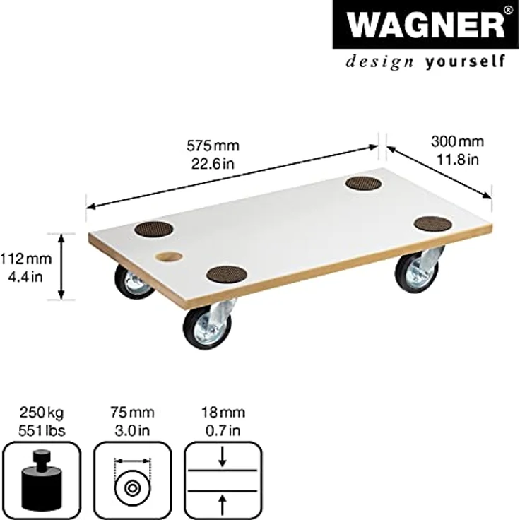 Transporthilfe MM 1316, 57,5 x 30 x 11 cm, Vollgummi Rollen Ø 75 mm, Rollenlager, Tragkraft 250 kg, MDF beschichtet – Bild 2