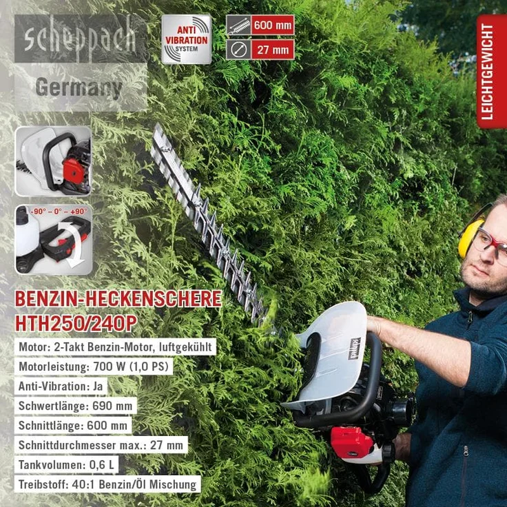 Scheppach Benzin-Heckenschere HTH250/240P 1,0 PS, Schnittlänge: 600 mm, Schnitt- Ø: 27 mm, 180° drehbarer Handgriff mit Vibrationsschutz, Schnellstop-Bremsfunktion – Bild 10