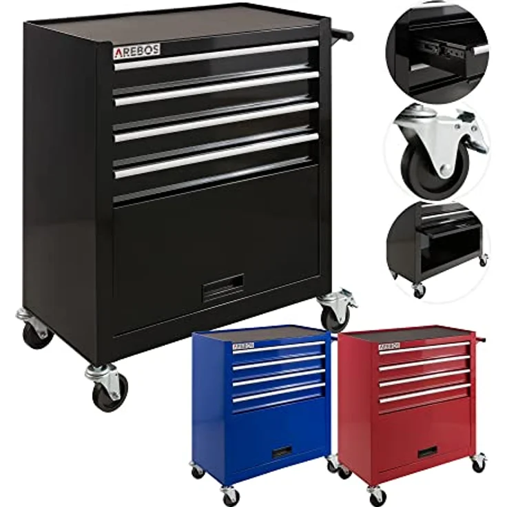 Werkstattwagen Werkzeugwagen Rollwagen Toolbox 4 Schubladen kugelgelagert - Schwarz - Arebos – Bild 1