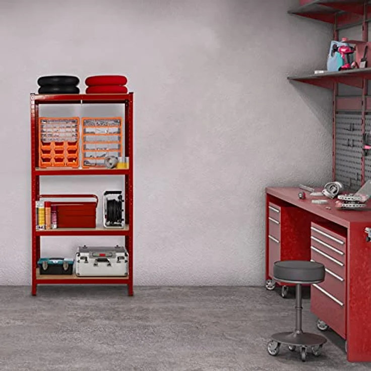 Schwerlastregal, Traglast 700 kg, 150x70x30 cm, 4 Böden, zum Stecken, Stahl, Lagerregal Keller, Garage, rot – Bild 2